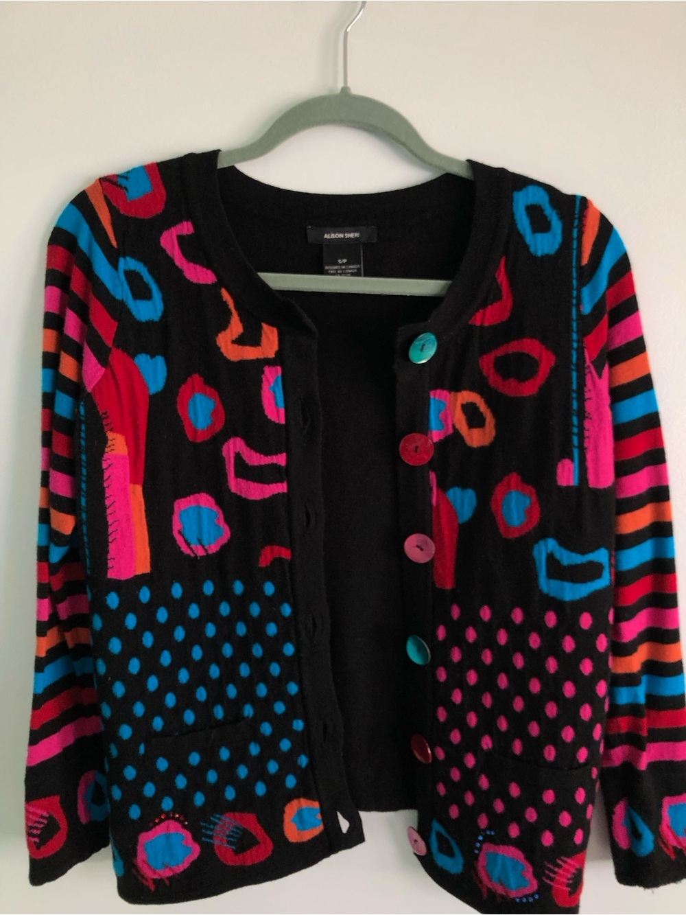 Y2K Abstract Art Teacher Mixed Print Button-Up Cardigan Sweater Size S - Picture 4 of 15